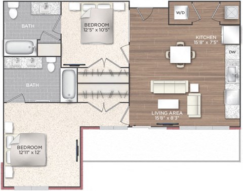 Floor plan for 2 beds, 2 baths, 905 sqft